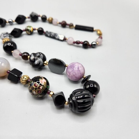 Stone Bead Necklace Rose Quartz Snowflake Obsidian Cloisonne Gradient 30" - Picture 2 of 13